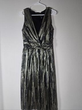 connected apparel Black and Gold V-Neck Pleated Midi Dress